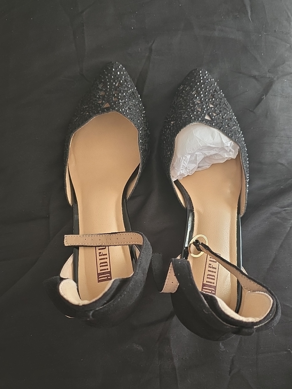 IDIFU Black Pointed D'Orsay Heels with Crystal Accents